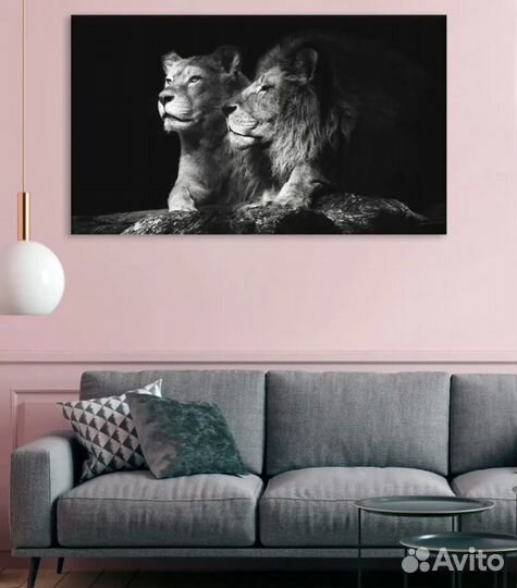Новая Картина на холсте лев и львица в чб