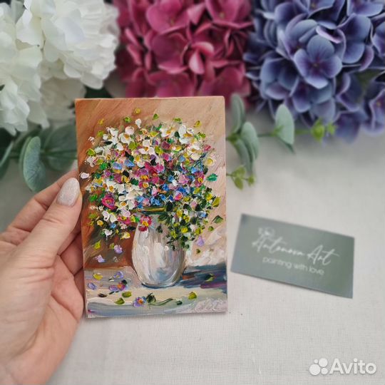 Картина цветы мaслом миниатюра натюрморт с цветами