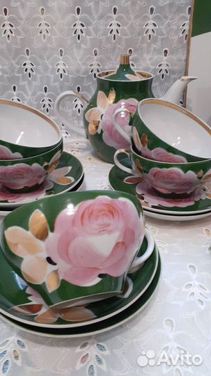 Чайный сервиз Роза на зеленом, фарфор, Дулево