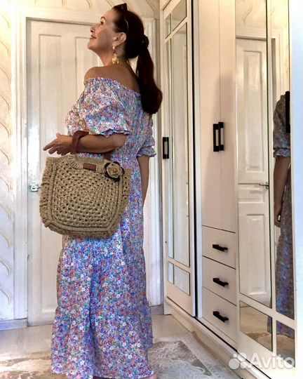 Сумка корзинка крючком с бамбуковыми ручками