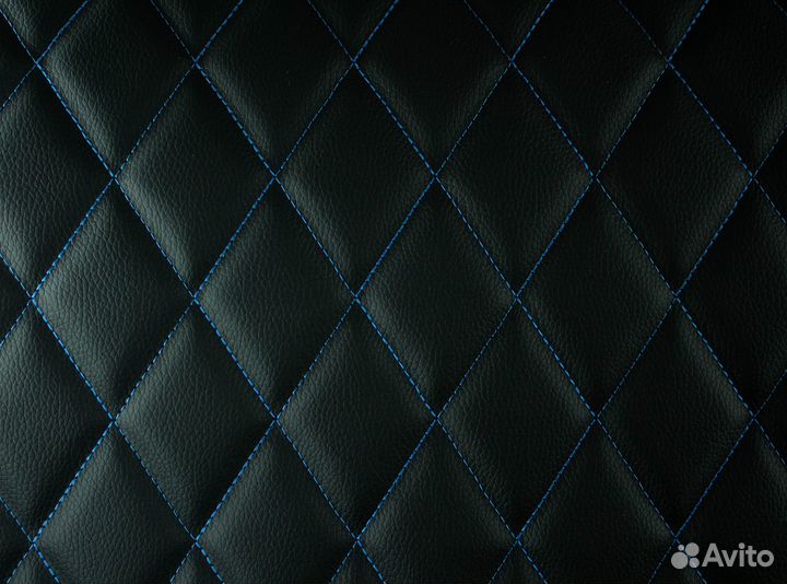 Стеганая экокожа ромб черный с синей строчкой