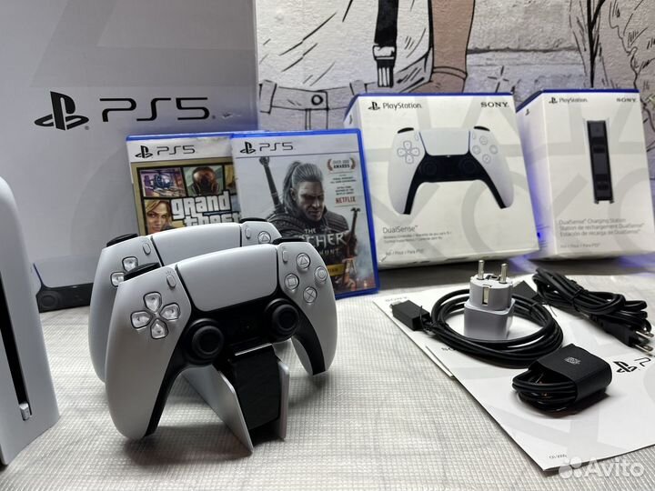 Sony playstation 5 slim 1tb+2/гем+заряд+игры