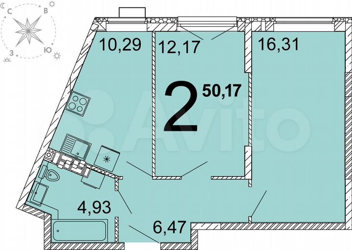 2-к. квартира, 50,1 м², 10/15 эт.