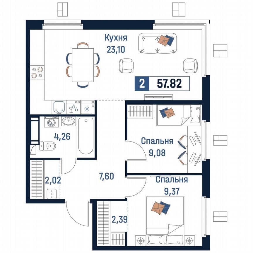2-к. квартира, 57,8 м², 10/18 эт.