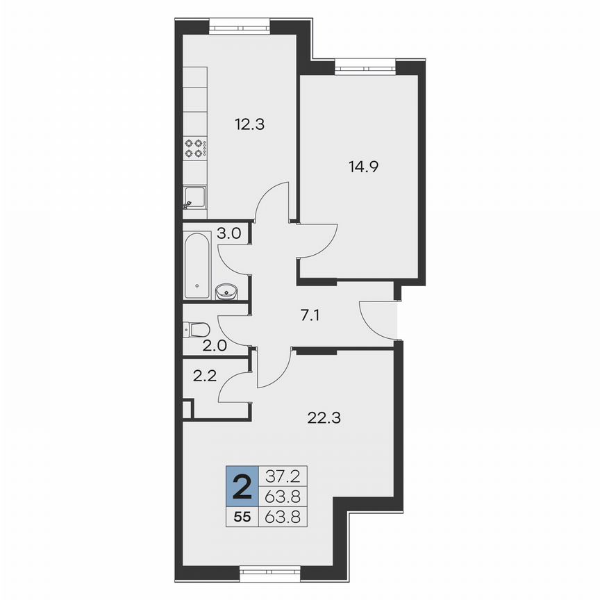 2-к. квартира, 63,8 м², 1/9 эт.