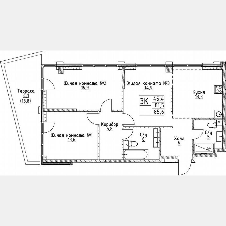 3-к. квартира, 81,5 м², 2/19 эт.