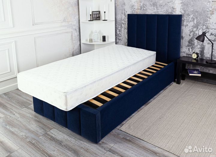 Кровать 90х200 синий велюр Богема