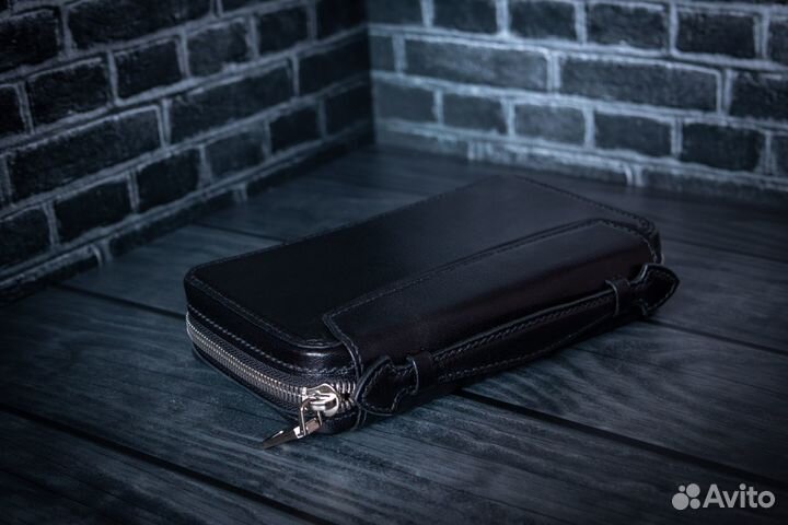 Клатч кожаный на молнии ручная работа черный мужск