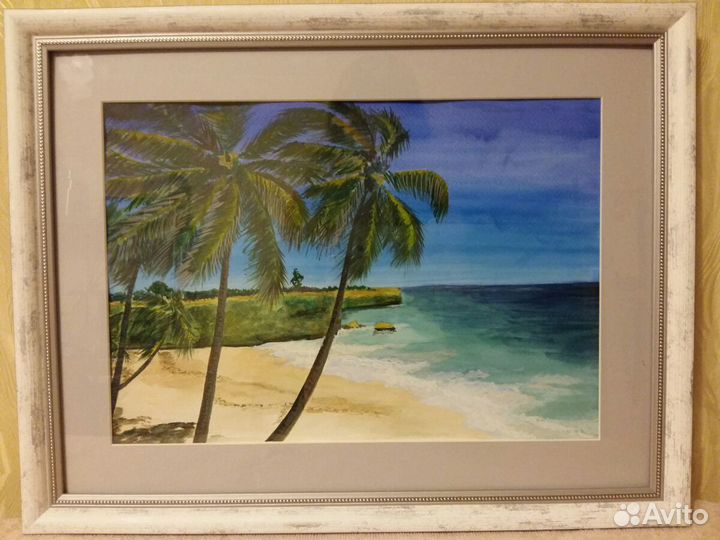 Картина акварелью. Пальмовый пляж Отличный подарок