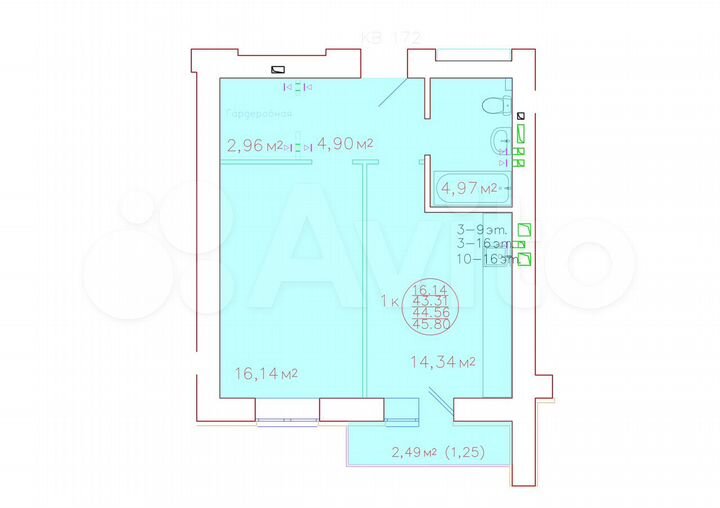 1-к. квартира, 44,6 м², 17/19 эт.