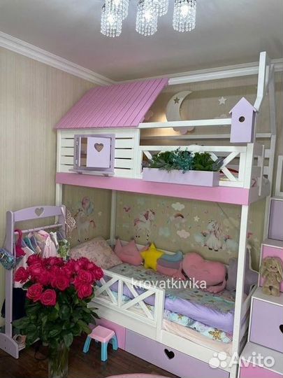 Двухъярусная Эко кровать домик из массива