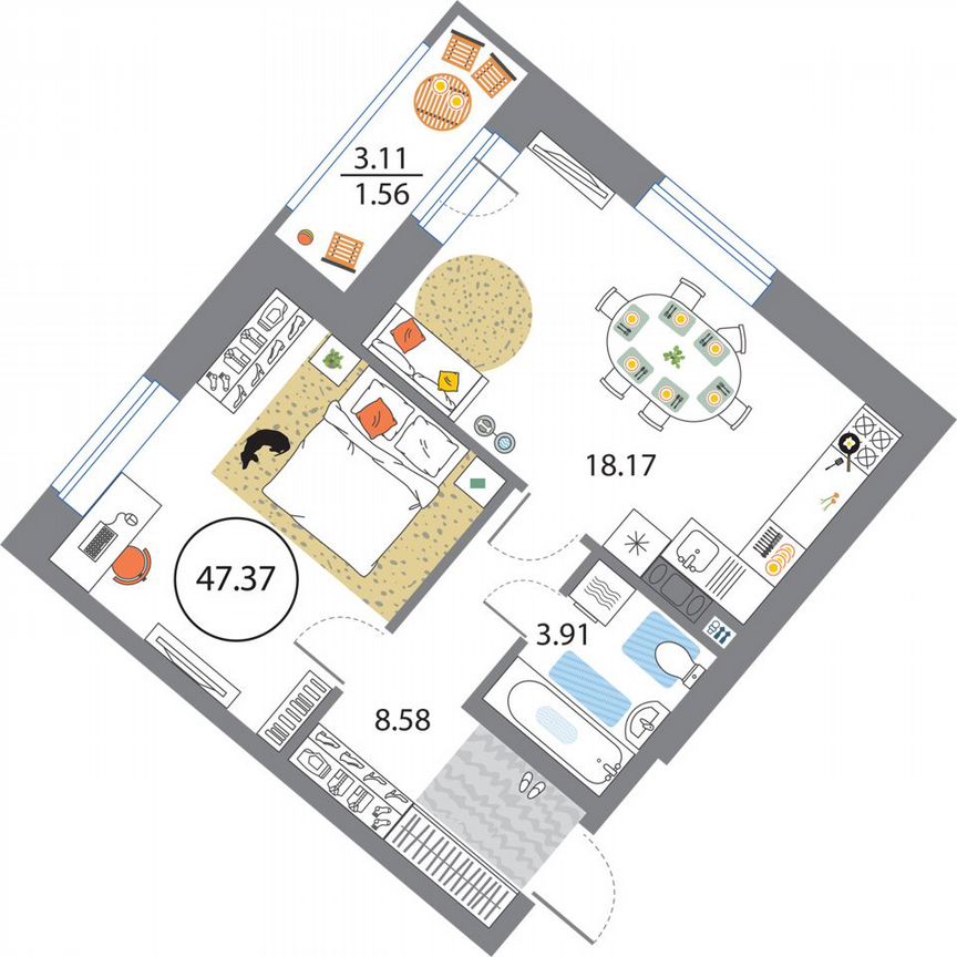 1-к. квартира, 47,4 м², 6/12 эт.