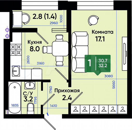 1-к. квартира, 32,2 м², 2/3 эт.
