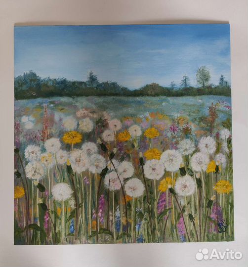 Картина маслом на холсте. Поле одуванчиков