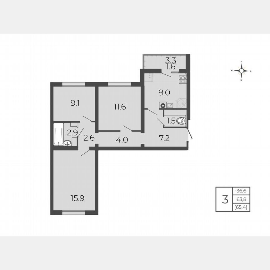 3-к. квартира, 65,4 м², 4/5 эт.