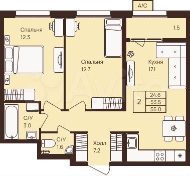 2-к. квартира, 55 м², 8/9 эт.