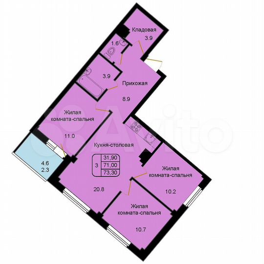 3-к. квартира, 73,3 м², 8/9 эт.