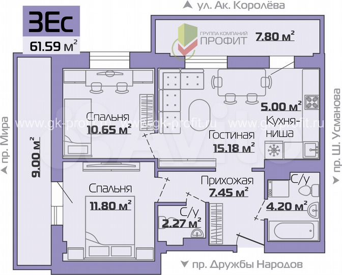 3-к. квартира, 61,9 м², 6/19 эт.