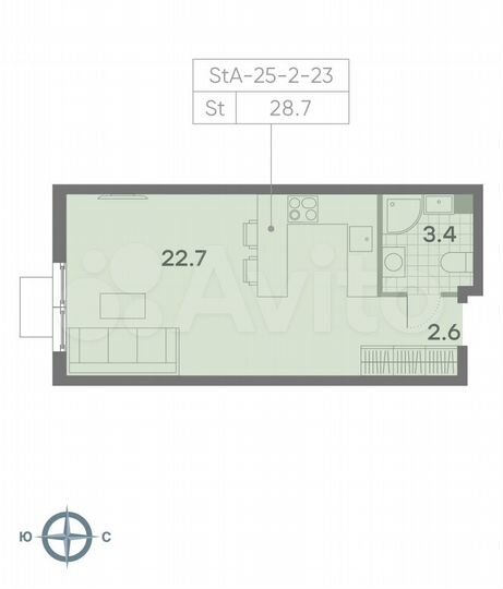 Квартира-студия, 28,7 м², 16/23 эт.