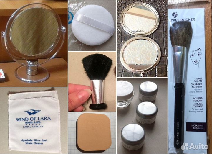 Зеркало, мешочки саше, кисти, дозаторы, спонж