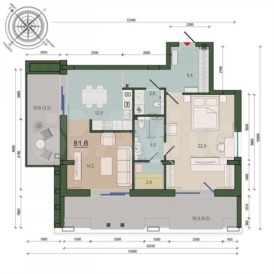 2-к. квартира, 81,6 м², 9/10 эт.