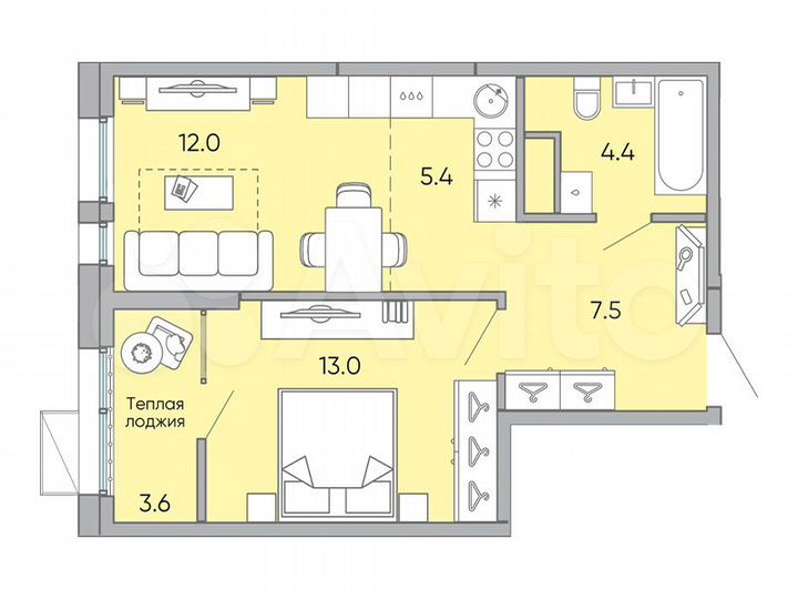 2-к. квартира, 45,9 м², 4/18 эт.
