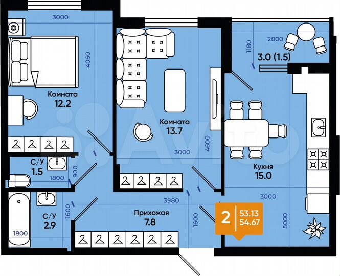 2-к. квартира, 54,7 м², 5/9 эт.