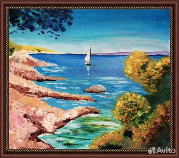 Картина с лодкой морской пейзаж скалы Крым масло