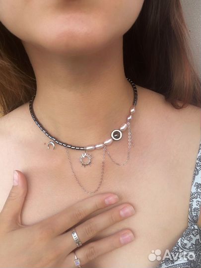 Колье/чокер натуральный барочный жемчуг и гематит