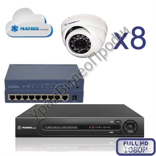 Система видеонаблюдения IP для улицы 8шт 1080Р