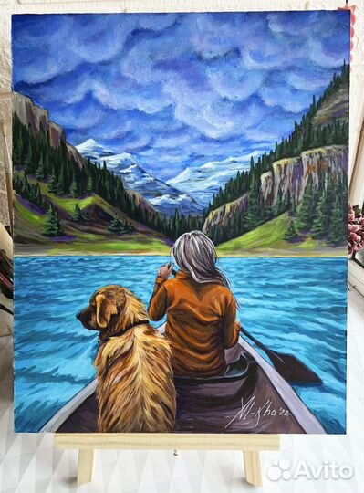 Картина Девушка в лодке с собакой на горном озере