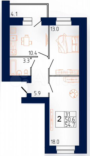 2-к. квартира, 54,7 м², 12/12 эт.
