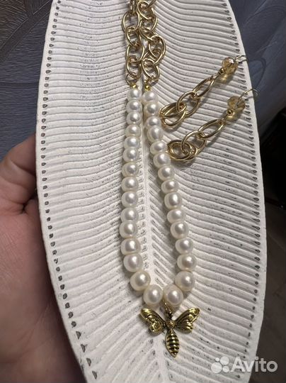 Комплект серьги колье из натур белого жемчуга