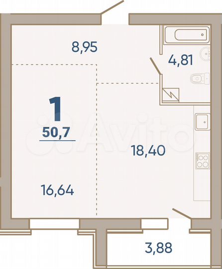 1-к. квартира, 50,7 м², 2/7 эт.