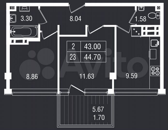 2-к. апартаменты, 44,7 м², 3/8 эт.