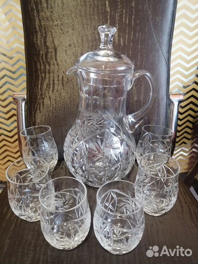 Хрустальный кувшин с крышкой+6 стаканов