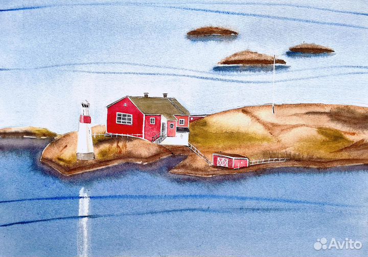 Акварельная картина. Скандинавская деревня