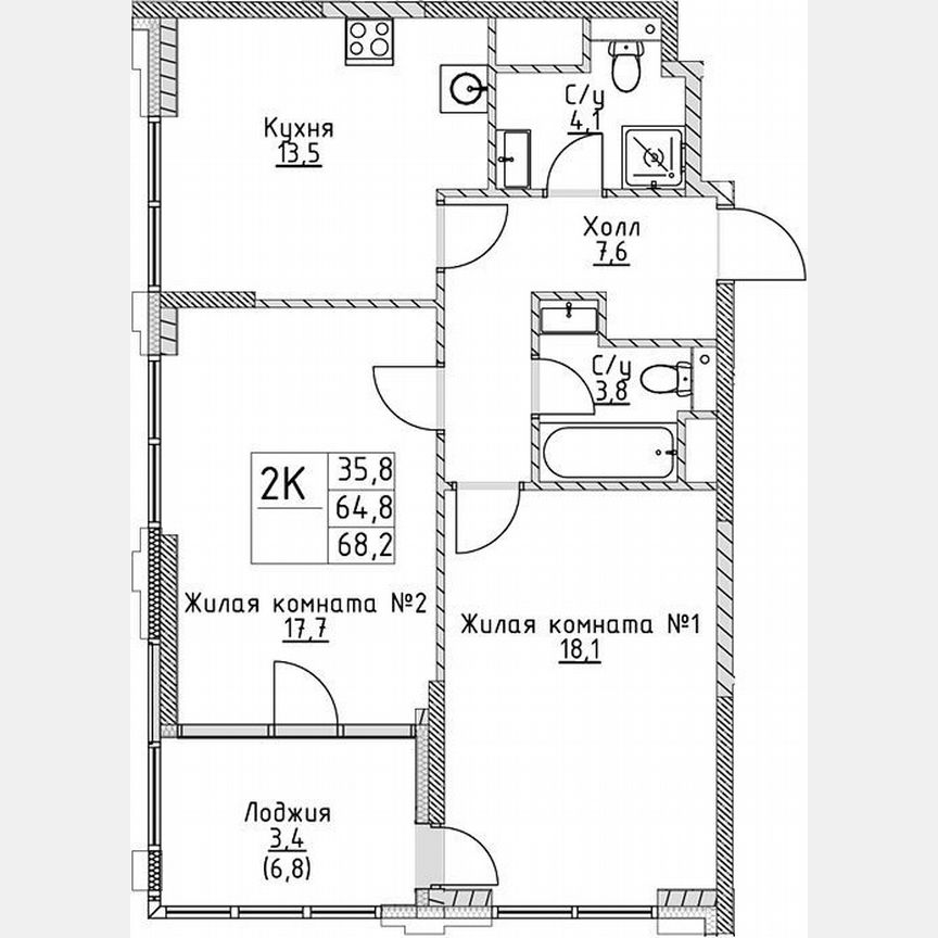2-к. квартира, 64,8 м², 10/19 эт.