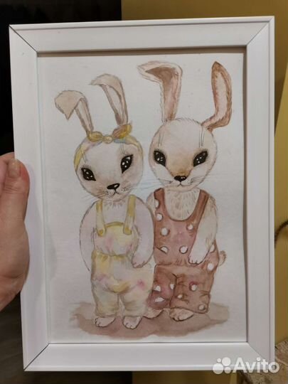 Картина интерьерная, для детской, акварель Зайчики
