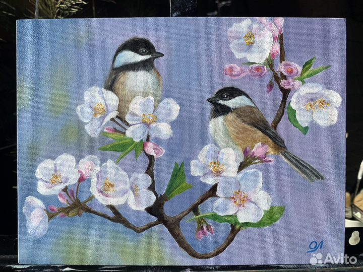 Картина маслом «Птицы на цветущей ветке»