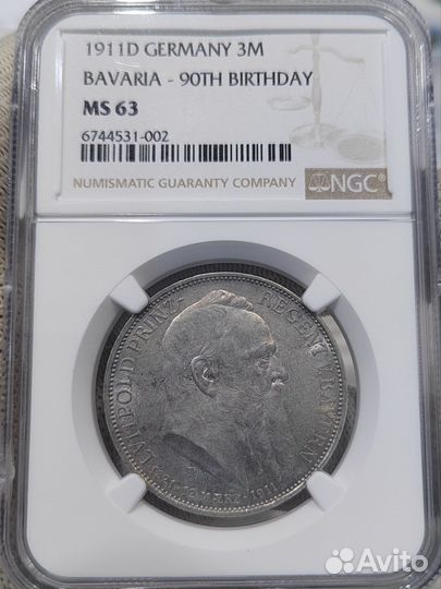 3 марки 1911 г. Бавария. Регент. Слаб NGC MS63