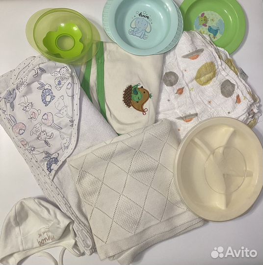 Детские вещи пакетом плед с уголочком посуда