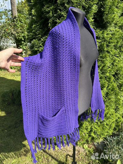 Палантин накидка вязаная с карманами 100 шерсть