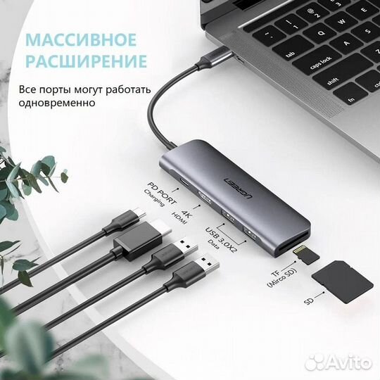 Адаптер ugreen USB-C to 2 Ports USB3.0-A + hdmi +