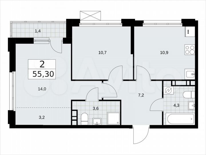 2-к. квартира, 55,3 м², 7/16 эт.