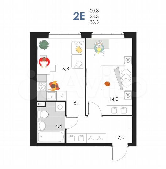 2-к. квартира, 38,3 м², 2/6 эт.