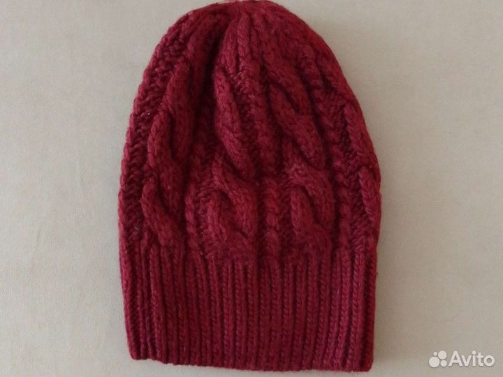 Бордовая вязаная шапка бини женская шерстяная