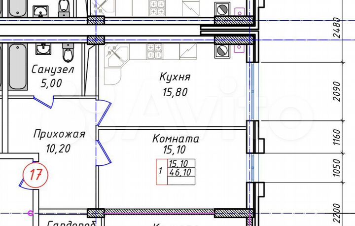 1-к. квартира, 46,1 м², 2/8 эт.