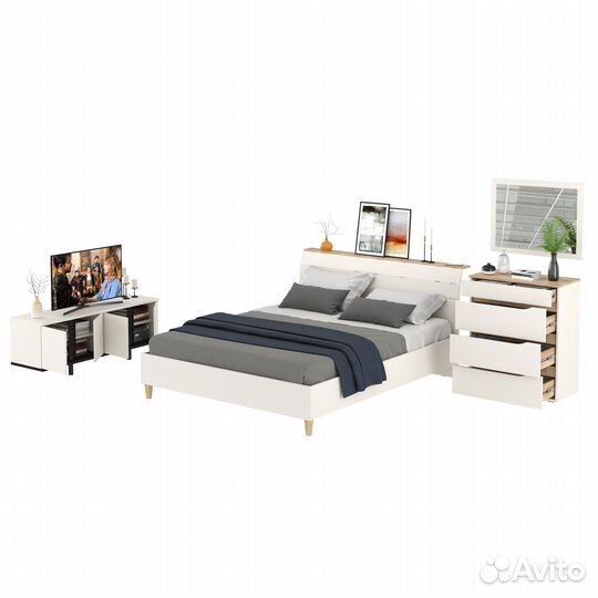 Мебель для спальни Муссон 1600 с тумбой для аппаратуры 13.276 цвет белый/чёрный/дуб эндгрейн элегант