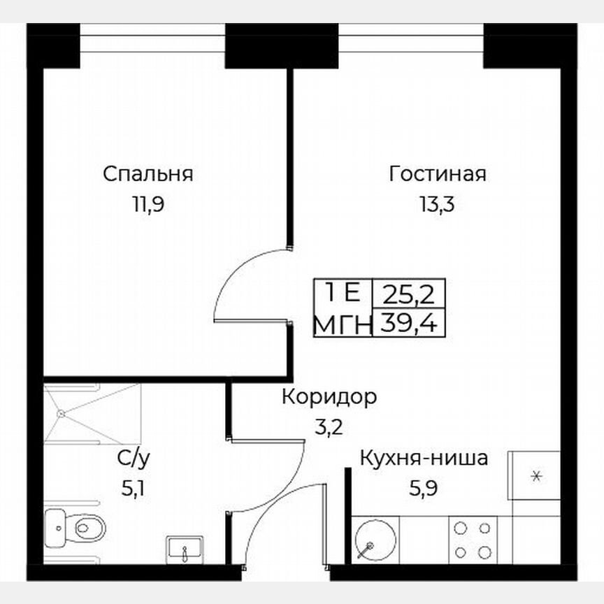 1-к. апартаменты, 39,4 м², 2/30 эт.